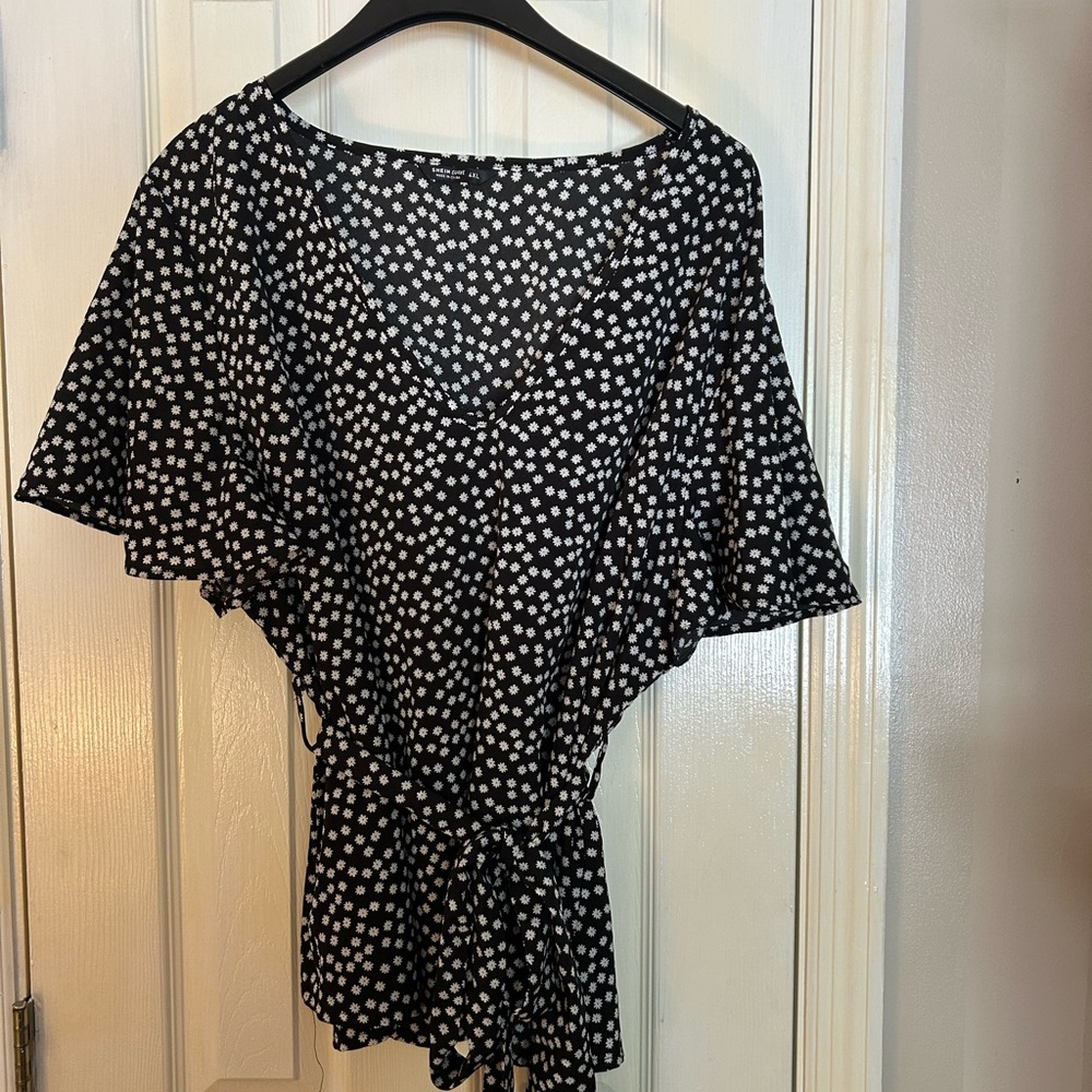 SHEIN Black and White Asymmetrical Tie Front Blouse